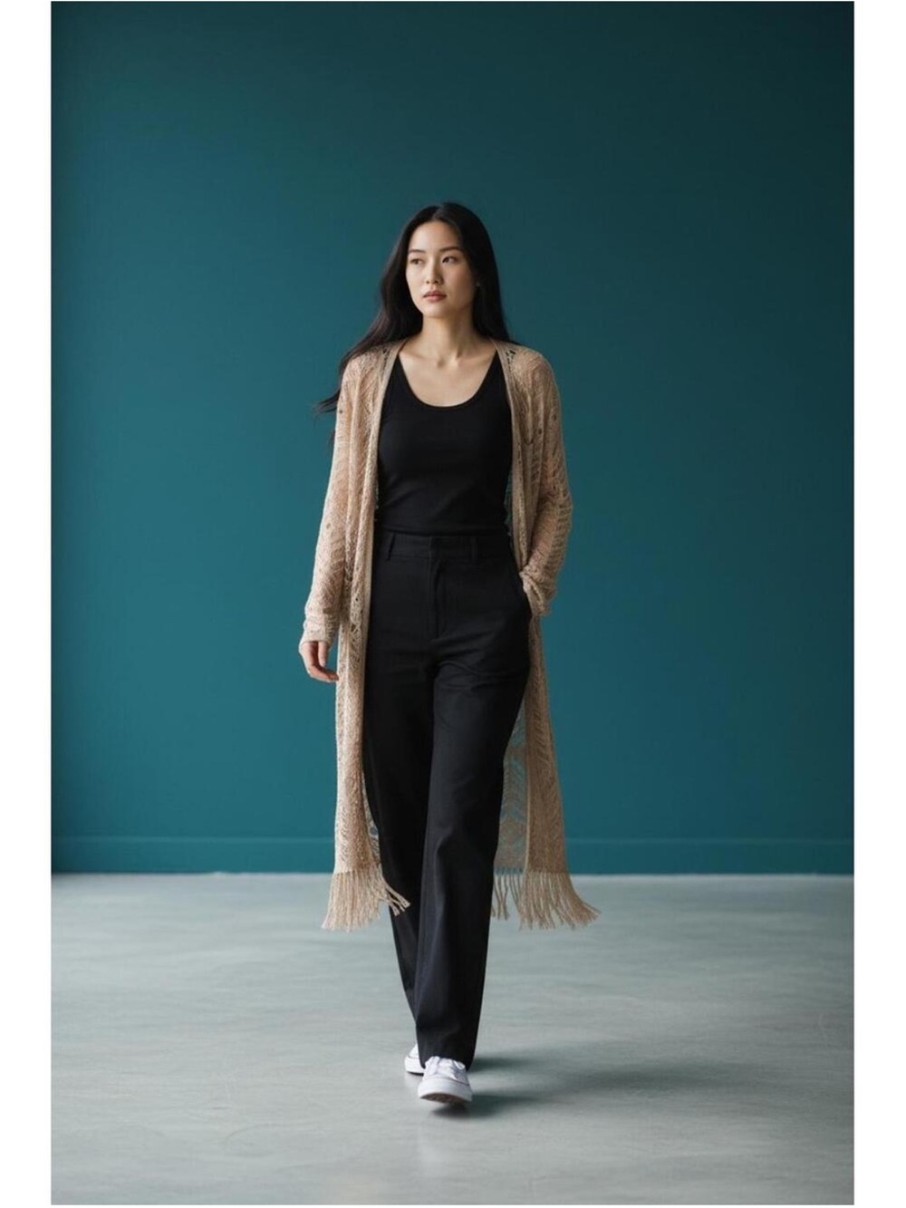 Hayden Open-Knit Fringe Sweater Cardigan - Beige